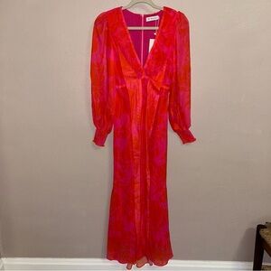All about may Pia pink floral maxi/ midi dress w/ billowed sleeves
